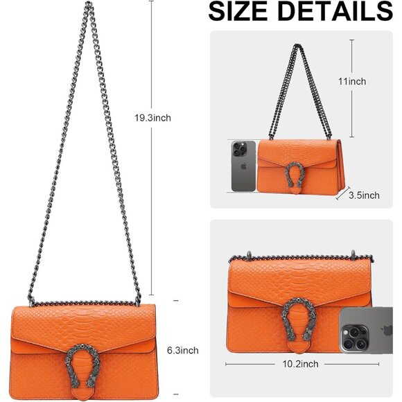 ⚡ Women's Orange Snake Vegan Leather Print Casual Satchel Crossbody Handbag - Picture 7 of 7